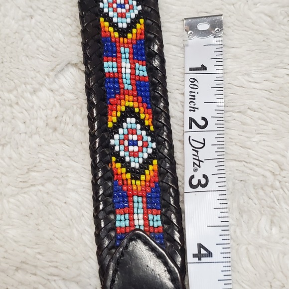 Vintage Aztec Southwestern Beaded Black Leather Belt 34 Retro Bohemian Indian - Picture 3 of 13